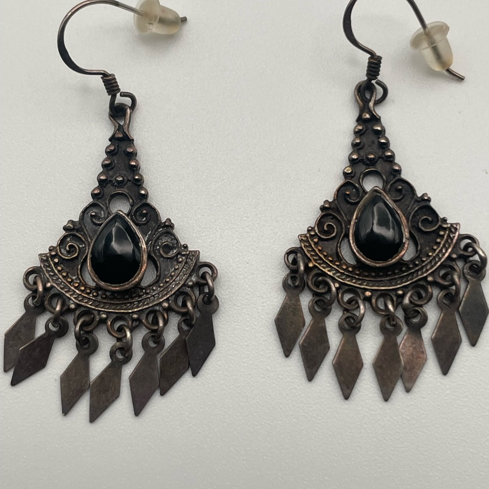 Sterling Silver Chandelier with Black Dangle Earrings